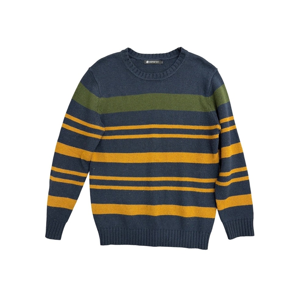 Hang Ten Mens Striped Crewneck Sweater Navy Blue Green Yellow Large Pullover